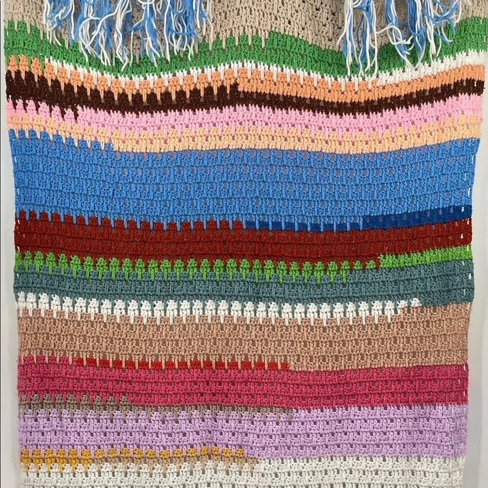 VINTAGE Handmade Blanket Grandma Style Granny Knit Stripes Colorful Throw 60x82”